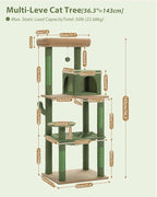 PEQULTI Cat Tree for Large Cats with Metal Frame Big Hammock, Cat Tower for Indoor Cats with 2 Door Condo House, [56.3"=143cm] Multi-Level Cat Shelves with Scratching Posts and Top Perch, Cactus Green