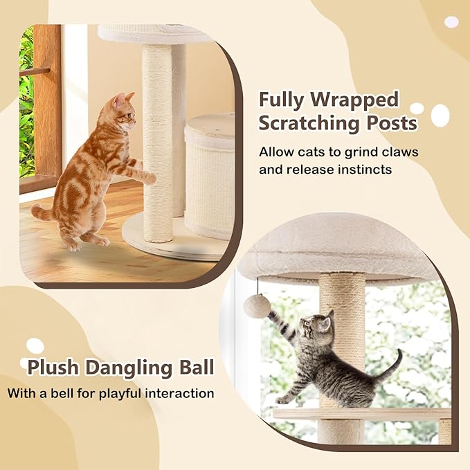 PETSITE 60-inch Wooden Cat Tree, Multi-Level Modern Cat Tower with Sisal Scratching Posts, Double Condos, Padded Cozy Top Perch, Multiple Jumping Platforms, and Hanging Ball, Ideal for Indoor Cats