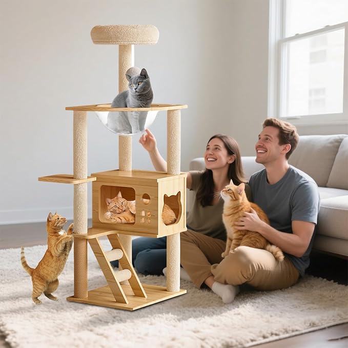 Large Cat Tree,124 Tall Wooden Cat Tower with Spacious Cave,Transparent Space Capsule,8 Fully Scratching Posts and Natural Wood Posts, Kitty Condo with Multi-Layer Platform