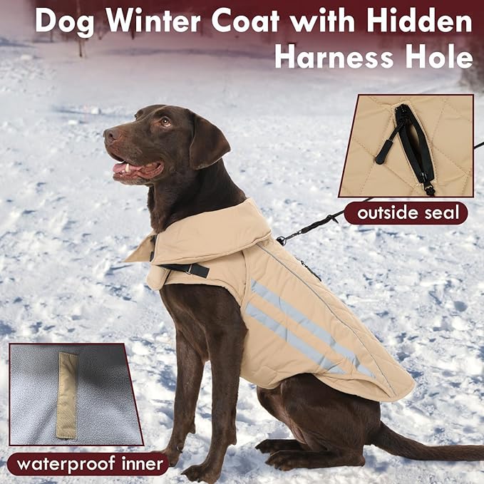 Dog Coat for Large Dogs Winter Waterproof Dog Jacket with Harness Reflective Turtleneck Hook & Loop Snowsuit Warm Fleece Snow Jackets Thermal Cold Weather Coats, Khaki 3XL