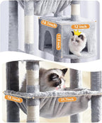 Tall Cat Tree 64 in, Multilevel Cat Tower for Adult Cats, Climbing Tree House and Towers with Condo Hammock Scratching Post Wide Base (Light Gray, 64 in)