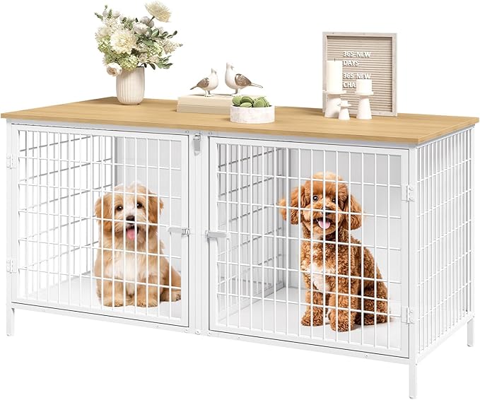 Dog Crate Furniture for 2 Dogs, 43.3" Dog Kennel with Removable Divider, Heavy Sturdy Dog Furniture Style Double Cage for Small Medium Dogs, Indoor Pet House End Table, Natural and White