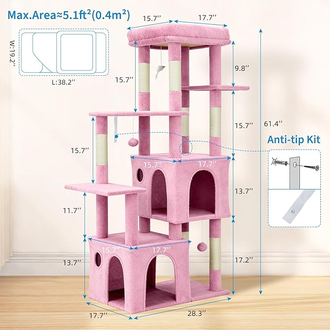 GarveeLife 61" Multi-Level Cat Tree for Indoor Cats, Heavy-Duty Tower for Large Adult & Maine Coon Cats with Oversized Perch, Dual Condos, Natural Sisal Scratching Posts & Play Toys – Pink
