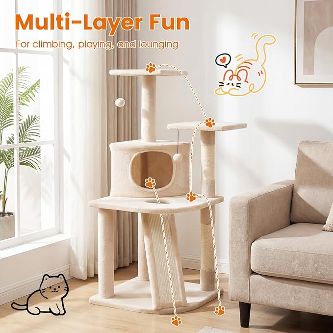 PETSITE 44-inch Multi-Level Cat Tree, Modern Cat Tower with Sisal Scratching Posts, Cozy Condo, Playful Cat Hole, Sisal Covered Ladder, and Dangling Ball, Ideal for Indoor Cats and Kittens (Beige)