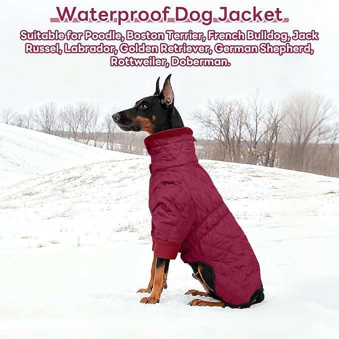 IDOMIK Dog Winter Coat for Large Dogs, Warm Dog Winter Jacket with Fleece High Collar, Zippered Cold Weather Coats for Dogs, Waterproof Doggy Snow Jacket Clothes,WineRed,2XL