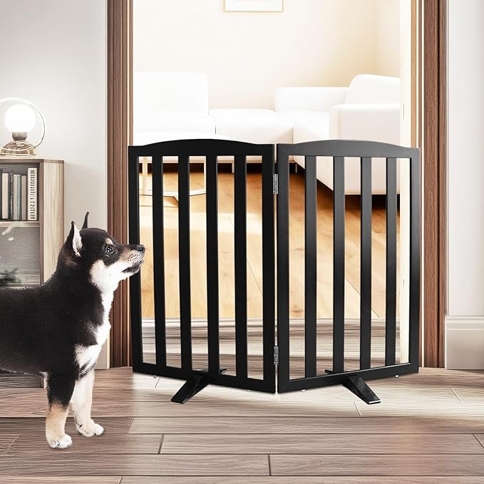 Freestanding Dog Gate Indoor,Doggie Gate Foldable Pet Gates for Doorways,Stairs or Hallways, Wooden Black Pet Gate for the House, Pet Fence with Support Feet Included,32 "Height-2 Panels