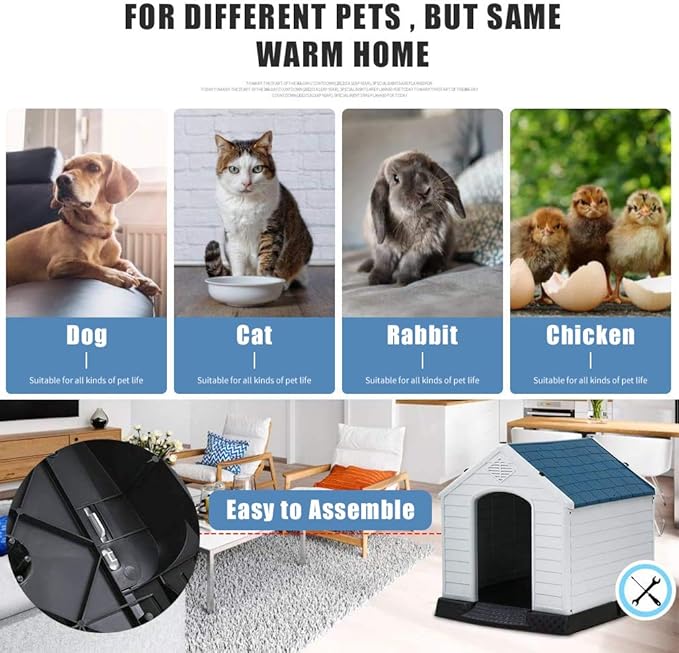 Dog House, Dog House for Small Medium Large Dogs, Waterproof Ventilate Plastic Durable Indoor Outdoor Pet Shelter Kennel with Air Vents and Elevated Floor, Easy to Assemble