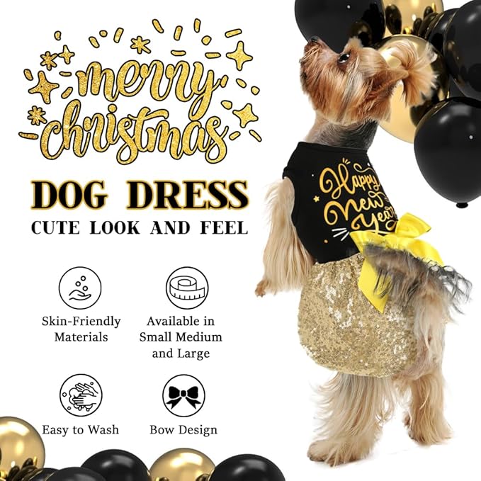 Dog Happy New Year Outfit Dog Dress New Years Pet Costumes for Dogs Funny Puppy Dress with Bow for Small Medium Dogs Girls Cats