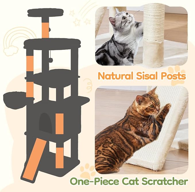 Taoqimiao 72 Inches Cat Tree for Large Cats, Multi-Level Tall Cat Tower, Widened Cat Condo with Large Scratch Board, 5 Scratching Posts, Metal Hammcock, Cozy Basket, Beige, MS045M