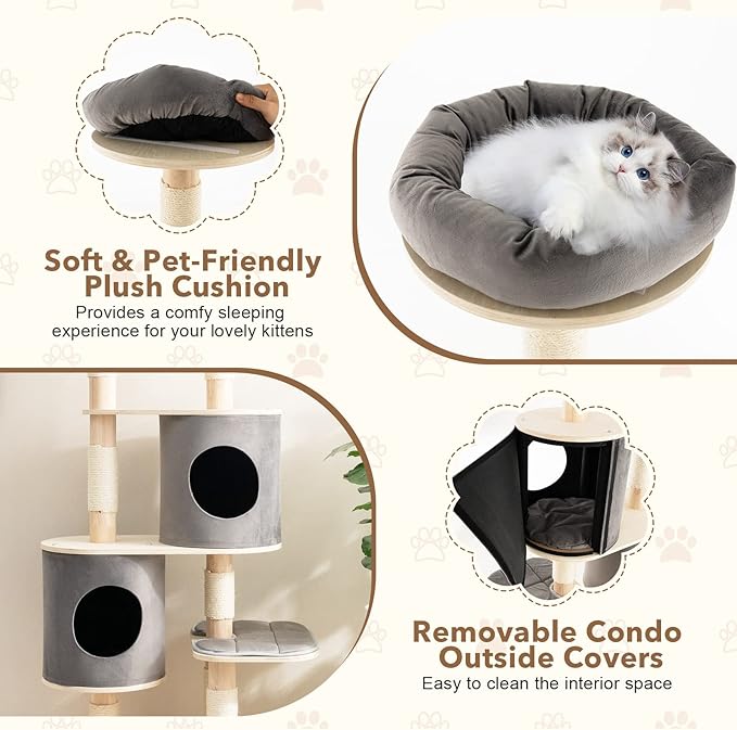 Tangkula 75 Inch Tall Cat Tree for Indoor Cats, Natural Solid Rubber Wood Cat Tower with Sisal Scratching Posts, Top Perch, Detachable Cat Condo, 6-Layer Modern Cat Trees and Towers for Large Cats