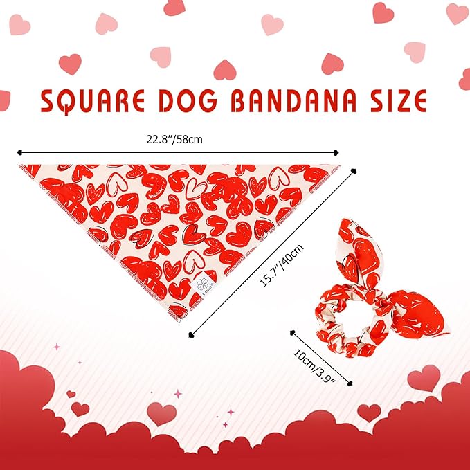 E-Clover Valentine Dog Bandana & Matching Scrunchie-Heart Cute Dog Bandanas Red Pet Scarf Bib for Small Dogs Puppy Girl Boy Owner Mothers Day Mom Gift