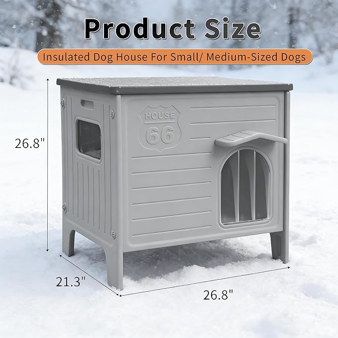 Rockever Insulated Dog House Outdoor Indoor for Small Medium Dogs, Insulated Dog House with Insulated Liner, Plastic Elevated Outdoor Dog House Waterproof Dog Kennel, Clean Easily((M & Liner)