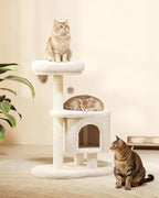 Cat Tree, 34.3 Inches Cat Tower with Scratching Post, Condo, Interactive Hanging Ball, Plush Perch for Indoor Large Cats, Beige