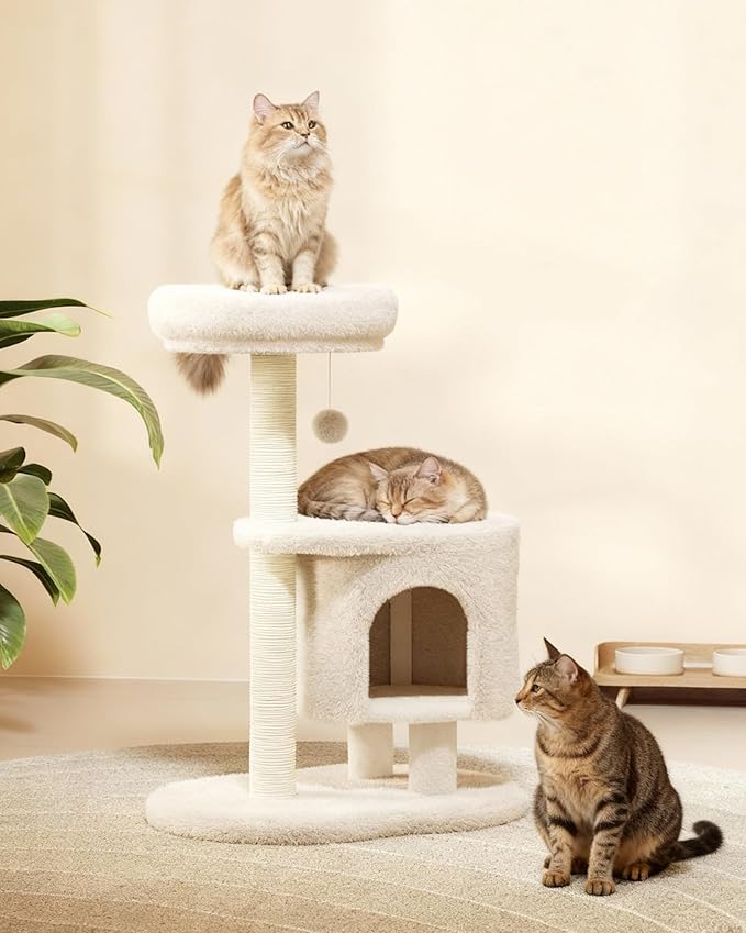 Cat Tree, 34.3 Inches Cat Tower with Scratching Post, Condo, Interactive Hanging Ball, Plush Perch for Indoor Large Cats, Beige