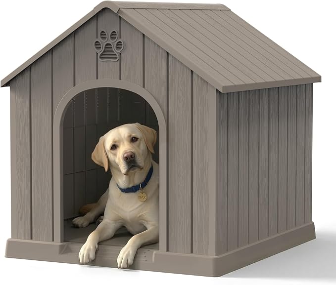 Dog House Outdoor Weatherproof，Waterproof Resin Outside Dog House with Elevated Floor and Air Vents, Durable Doghouse for Samll Medium Large Dogs (Light Grey, 38.62" L×36.26" W×38.07" H)