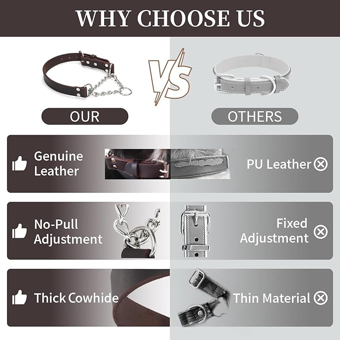 Martingale Collar for Dogs No-Pull Adjustable Training Collar with Stainless Steel Chain - Genuine Leather Anti-Slip Design for Small,Medium,Large Breed Dogs - Brown (M)