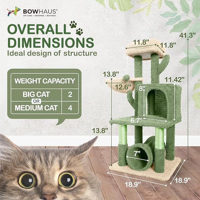 Cactus Cat Tower for Indoor Cats, Cute 40-Inch Small Cactus Cat Tree w/Widened Perch for Large Cats & Kittens, Multi-Level Cat Activity Tree w/Scratching Post, Tunnel, Basket, Cat Cave Condo