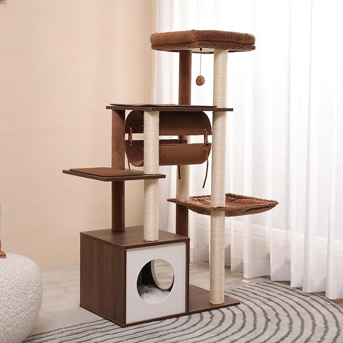 52" Wood Cat Tree for Large Cats, Modern Cat Tower with Fully Sisal Covered Scratching Posts, Luxury Cat Furniture with Spacious Perch, Super Large Hammock, Cozy Condo and Swing Tunnel Brown