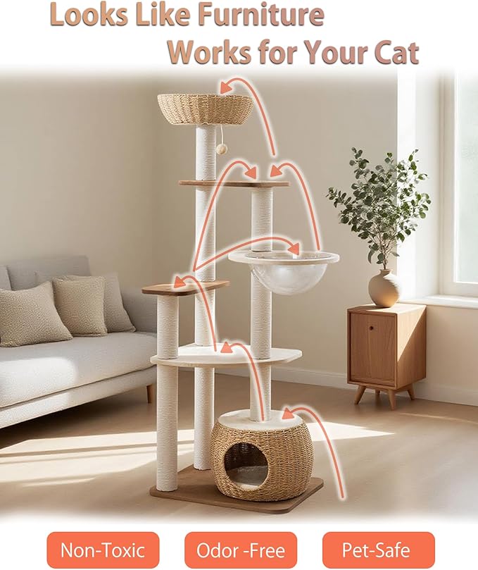 Modern Cat Tree for Large Cat, 63-Inch Tall Cat Tower with Scratching Post for Indoor Cats, Multi-Level Cat Condo with Hand-Woven Cat Bed and Acrylic Bowl