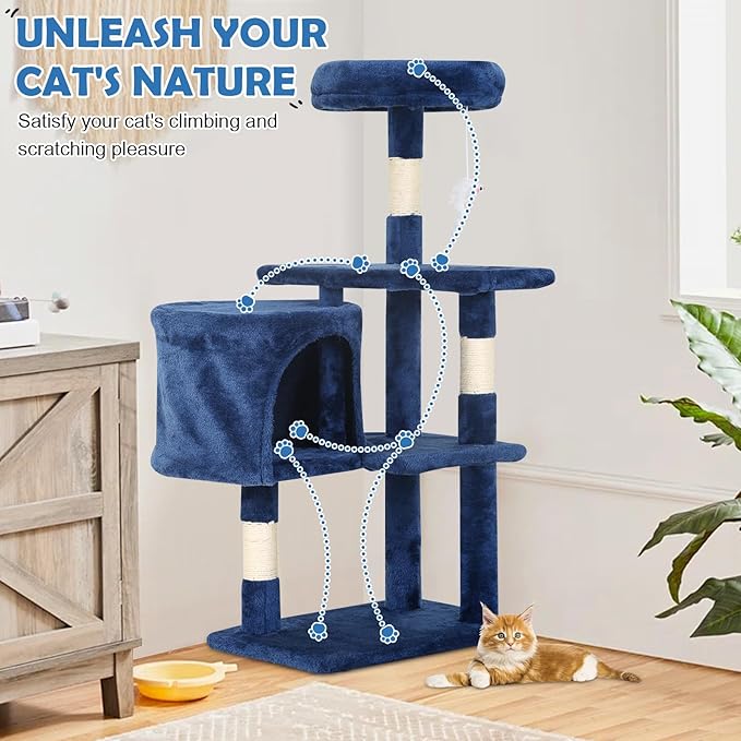 Cat Tree 36 Inch Cat Tower for Indoor Cats with Scratching Post,Padded Perch,Hanging Toys for Kittens & Adult Cats,Beige (Navy Blue)