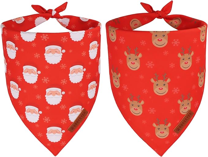 ADOGGYGO Red Christmas Dog Bandanas, Santa Reindeer Print Pet Scarf, Premium Durable Fabric, Red Christmas Bandanas for Medium Large Dogs (Large)