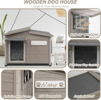 PetsCosset Dog House Outdoor Weatherproof, Anti-Chewing Iron Frame Dog Kennel Outside, Wooden Outside Shelter Pet House for Small, Medium, and Large Dogs with Elevated Floor (Grey, 44" L*30" W*34" H)