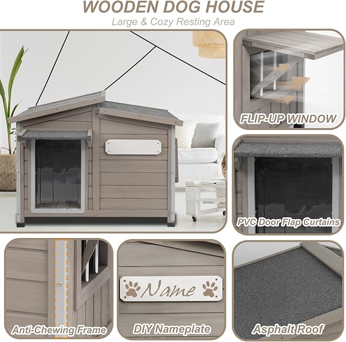 PetsCosset Wooden Dog House Outdoor, Anti-Chewing Iron Frame Dog Kennel Outside, Weatherproof Outside Shelter Pet House for Small, Medium, and Large Dogs with Elevated Floor (Grey, 34" L*22" W*27" H)