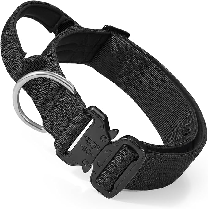 MoNiBloom Tactical Dog Collar with Handle, 1.5 Inch Wide Heavy Duty Military Collar for Medium Large Dog Walking, Training, Running, Black