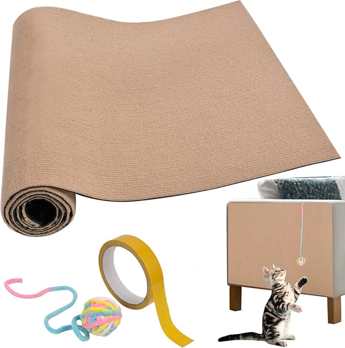 Cat Scratching Mat - 79"x16" Trimmable Cat Scratching Carpet Mat, Large Self-Adhesive DIY Cat Scratch Mat Roll, Cat Tree Shelves Replacement Mat Pad, Couch Furniture Protector, Toy Ball&Strong Tape