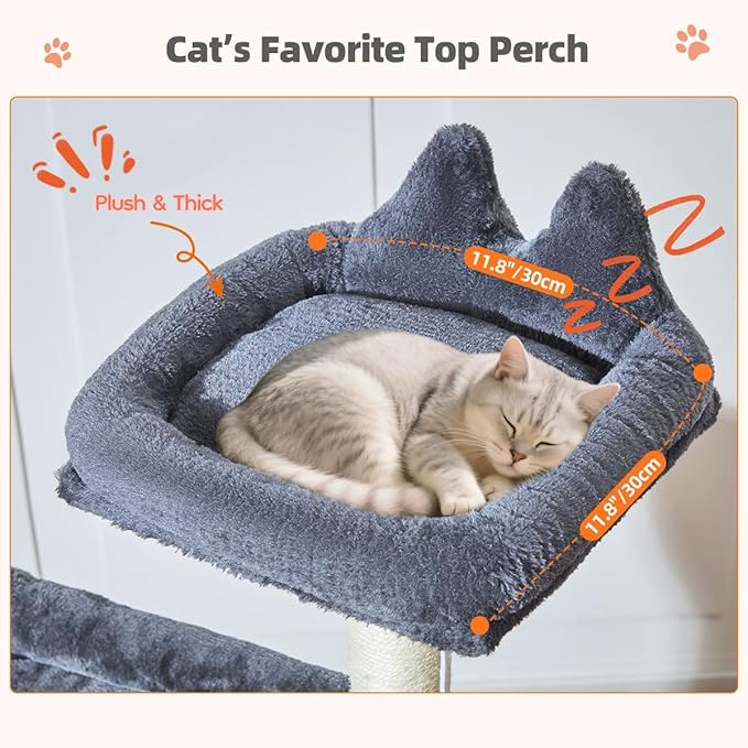 Taoqimiao Cat Tree for Indoor Cats, 55.1In Sturdy Cat Tower, Large Platform, Rotatable Round Condo with Large Scratch Board, Extended Cat House, Thickened Full-Sisal Scratching Post, Smoky Gray, F10G