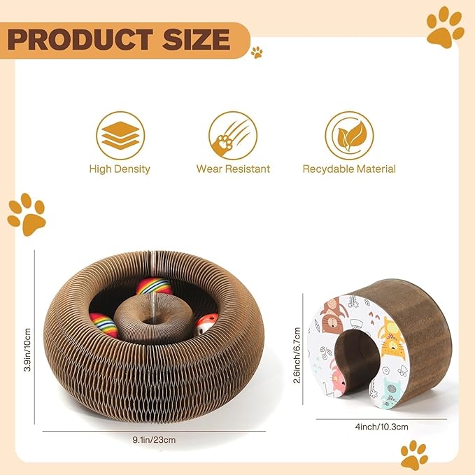 Magic Organ Cat Scratcher Board with 3 Balls, Foldable Recyclable Accordion Cats Toy with Ball and Track Adventure, Cat Scratching Pad, Retractable Reversible Furniture Protector(Brown)