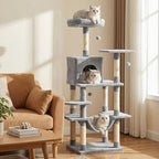 Tangkula 58 Inch Cat Tree Tower, Multi-Level Cat Tower with Sisal Scratching Posts, Padded Top Perch, Condo & Hammock, 3 Hanging Balls, Jumping Platforms for Indoor Cats (Light Gray)