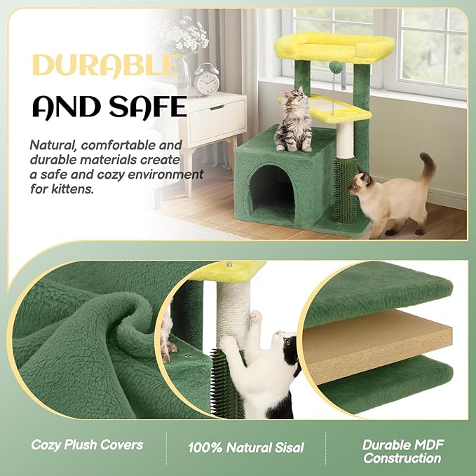 Outvita Cat Tree 27.5in Small Cat Tower, Multi-Level Cat Tree Tower with Cat Scratching Post and Pad, Cozy Cat Condo, Padded Top Bed for Kittens and Indoor Cats, Yellow & Green