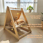 Sisal Cat Scratcher Ramp with Hammock, Wooden Cat Scratching Post Vertical Cat Toy Scratch Pad for Indoor Cats Kittens, Elevated Cat Bed Furniture