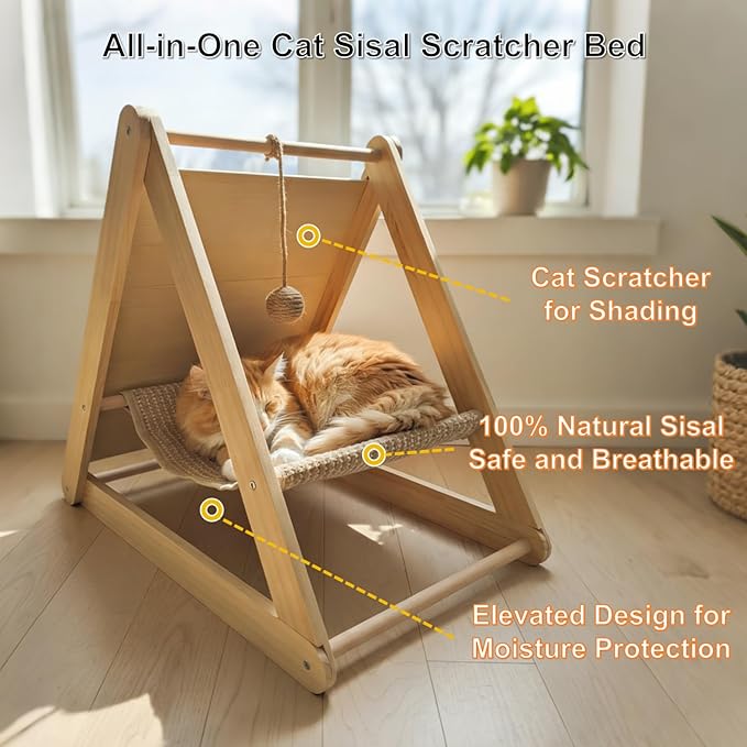 Sisal Cat Scratcher Ramp with Hammock, Wooden Cat Scratching Post Vertical Cat Toy Scratch Pad for Indoor Cats Kittens, Elevated Cat Bed Furniture