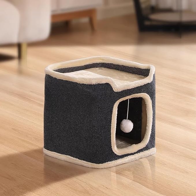 Cat Villa Cat House,Cat House Soft and Durable Multi-Level Cat Villa Cozy Sisal Cat Tower with Scratching Post,Warm Condo Nest for Sleep,Rest Play Ideal for All Seasons (Gray, Small)
