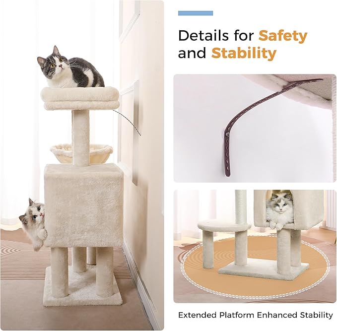 Small Cat Tree Beige Cat Tower with 32 Inches Scratching Post with Cats Condo House, Cozy Hammock and Removable Top Bed and Dangling Ball for Indoor Cats-34” Beige