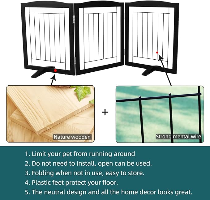 Dog Fence Indoor,Dog Gate Indoor for Doorway pet gate -3-Panel Freestanding, Hallways, House or Stairs -60x24-Inch Retractable Foldable Expandable Wood Pet by SFJC (Black) ﻿