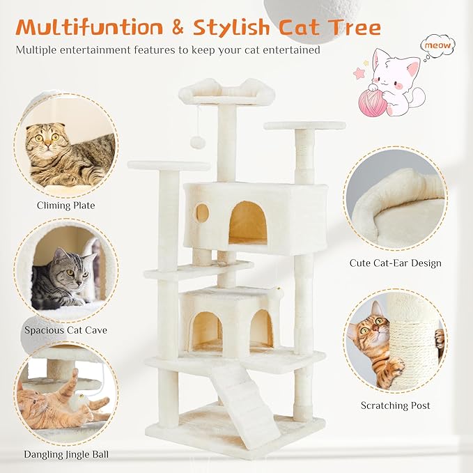 54-Inch Cat Tree Tower with Condo & Platforms, Multi-Level Cat Climbing Tree for Indoor Cats, Sturdy Cat Treehouse with Soft Fabric & Scratching Posts, Beige