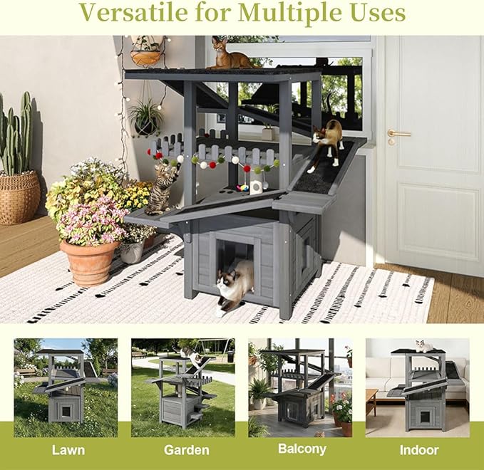 4-Tier Cat Tree Outdoor/Indoor Cat House, Weatherproof Wooden Cat Tower, Multi-Level Feral Cat Shelter with Ramps, Scratching Post & Enclosed Condo, Outside Cat Enclosure for Multiple Cats,Grey