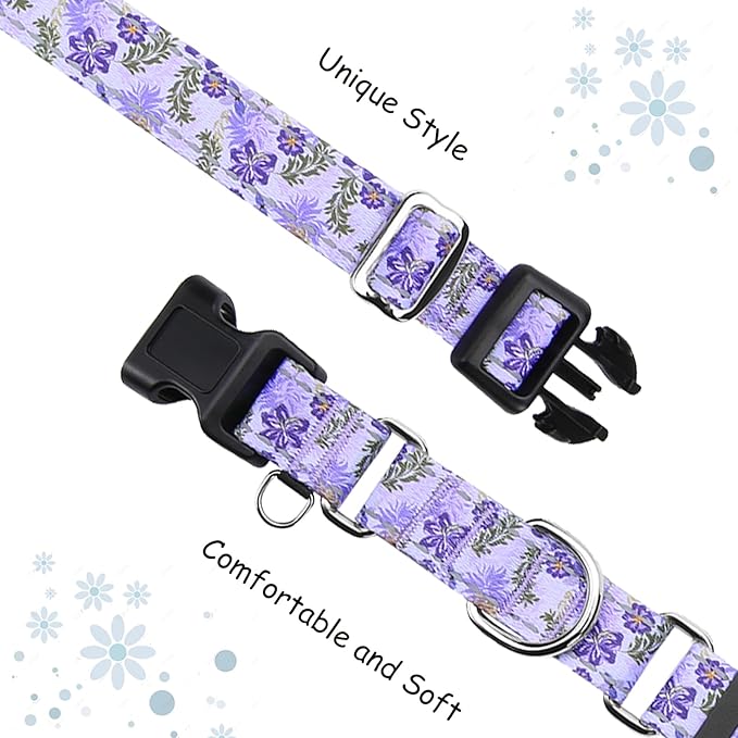 Reflective Martingale Collar for Dogs with Quick Release Buckle Cute Girl Female Flower Dog Collars (Lavender Floral, XSmall)