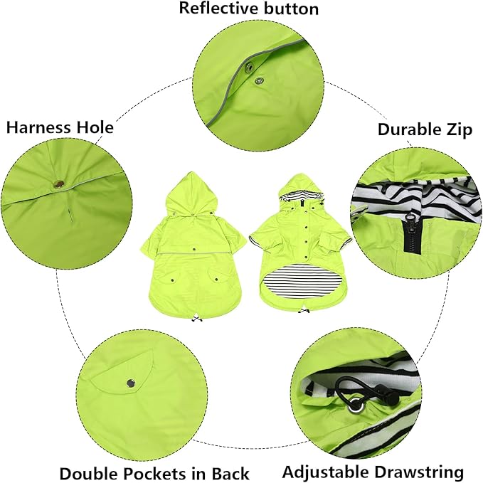 Morezi Dog Zip Up Raincoat with Reflective Buttons, Rain/Water Resistant, Adjustable Drawstring, Removable Hood, Raincoats with Legs 8lbs to 80lbs Available Light Green XL
