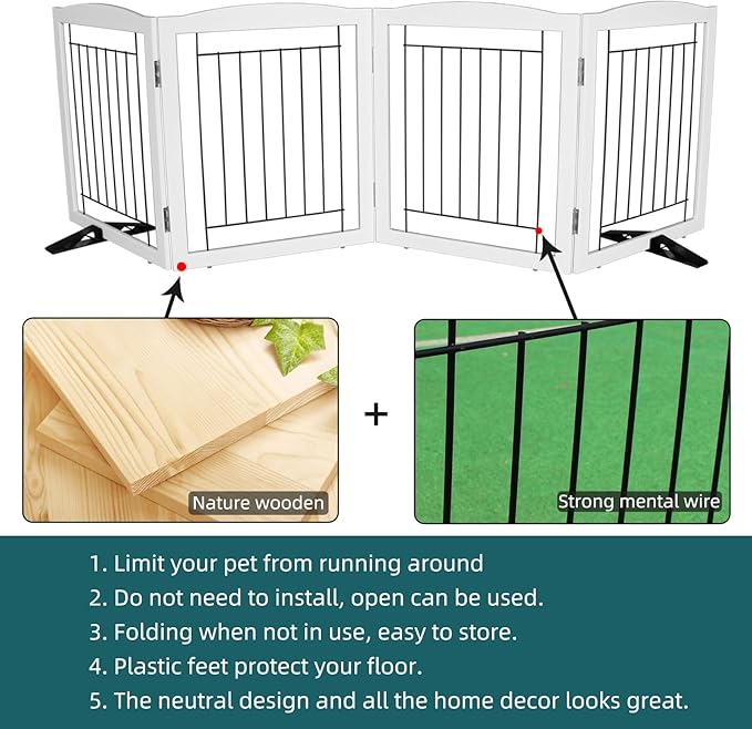 Dog Fence Indoor,Dog Gate Indoor for Doorway pet gate -4-Panel Freestanding, Hallways, House or Stairs -80x24-Inch Retractable Foldable Expandable Wood Pet by SFJC (White)