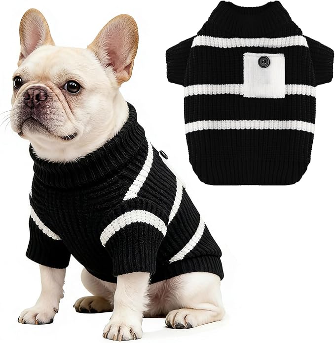 Small Dog Sweater with Cute Pocket Decoration, Striped Soft Stretchable Warm Puppy Clothes for Small Dogs Cats, French Bulldog, Chihuahua for Winter