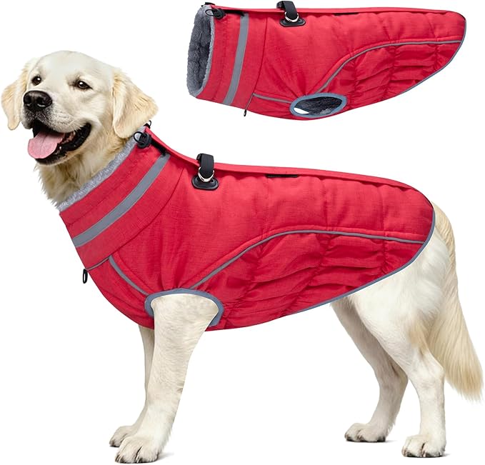Malier Dog Coat, Reflective Dog Jacket Waterproof Windproof Puppy Cold Weather Coats with Harness Built in, Winter Extra Warm Pet Coat Fleece Vest for Small Large Pets and Puppy (Red, X-Small)