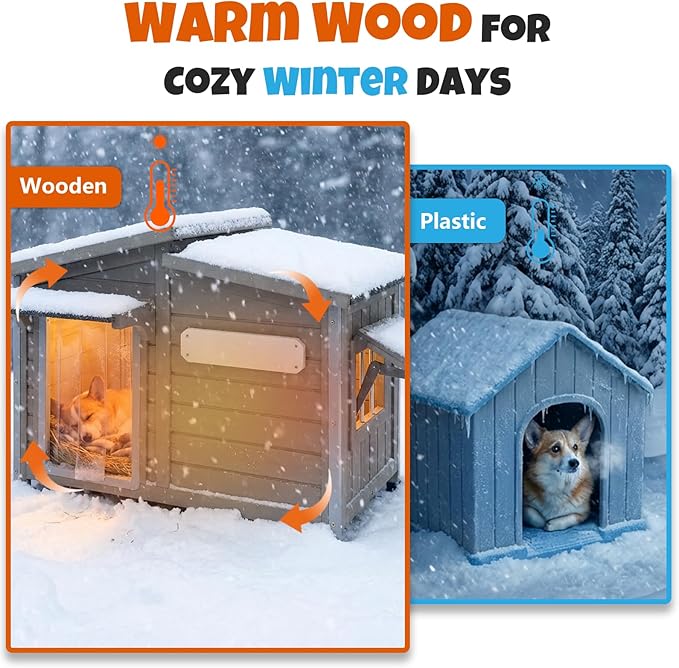 Large Outdoor Wooden Dog House, Weatherproof Dog Houses with Adjustable Vent Windows, Alloy Chew-Resistant Frame, Removable Floor for Medium & Large Dogs, (34" L x 22" W x 25.9" H)