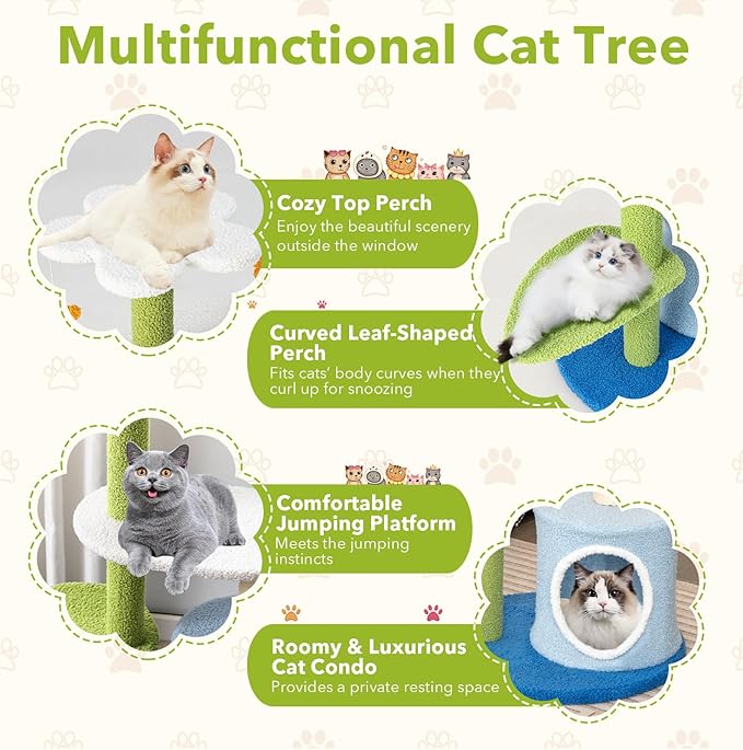 PETSITE 34.5 inch Cute Small Cat Tree, Flower Cat Tree with Sisal Scratching Post, Plush Top Perch, Cat Condo, Fluffy Spring Ball & Jingling Ball