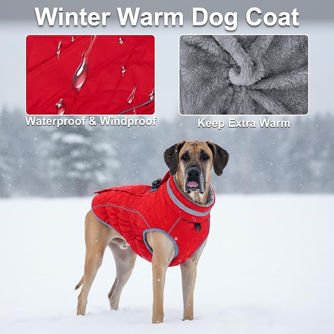 Dog Coat, Warm Dog Winter Coat for Large Dogs, Waterproof Jacket with Harness Built in, Reflective Turtleneck Cold Weather Coats with Zipper,Pet Fleece Vest Snow Jacket, Red XXXL
