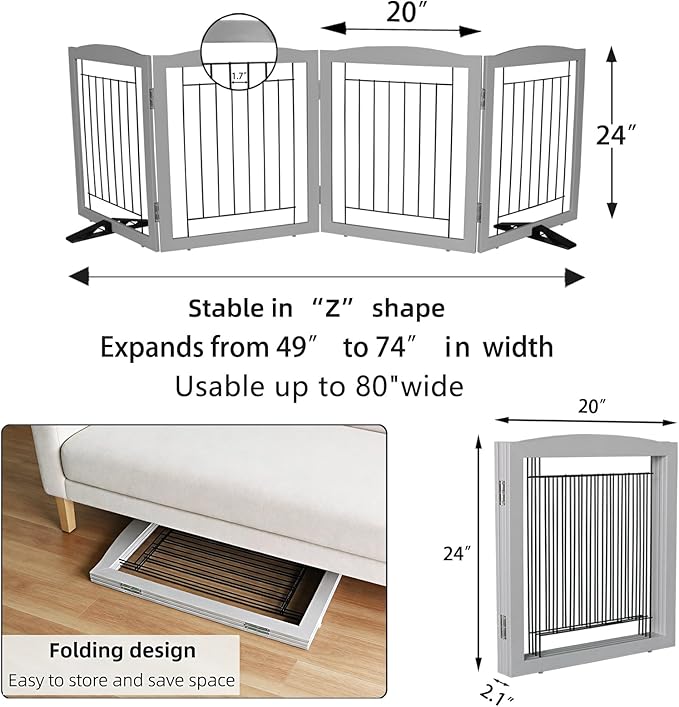 Dog Fence Indoor,Dog Gate Indoor for Doorway pet gate -4-Panel Freestanding, Hallways, House or Stairs -80x24-Inch Retractable Foldable Expandable Wood Pet by SFJC (Grey) ﻿