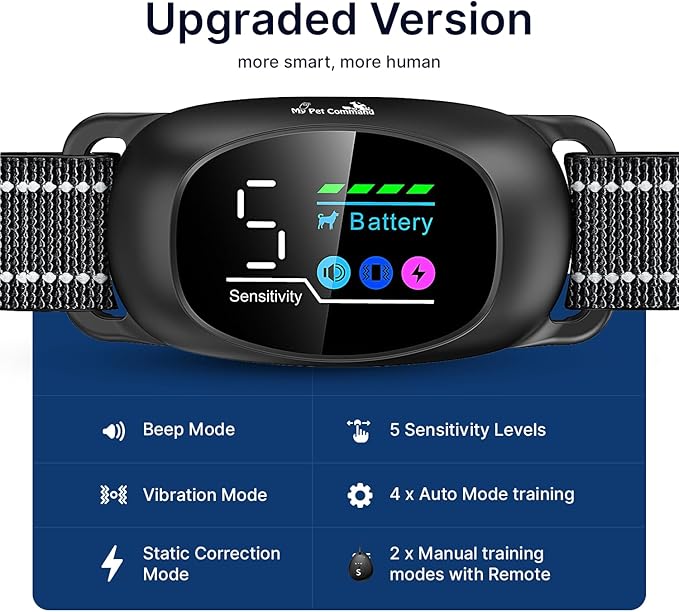 My Pet Command 2-1 Dog Bark Collar with 300Ft Fob Remote Tag. Smart AI Anti Barking Training Rechargeable 5 Sensitivity Levels, Beep Vibration, Shock (Optional). L,M,S Dogs Waterproof 2 Collar Kit